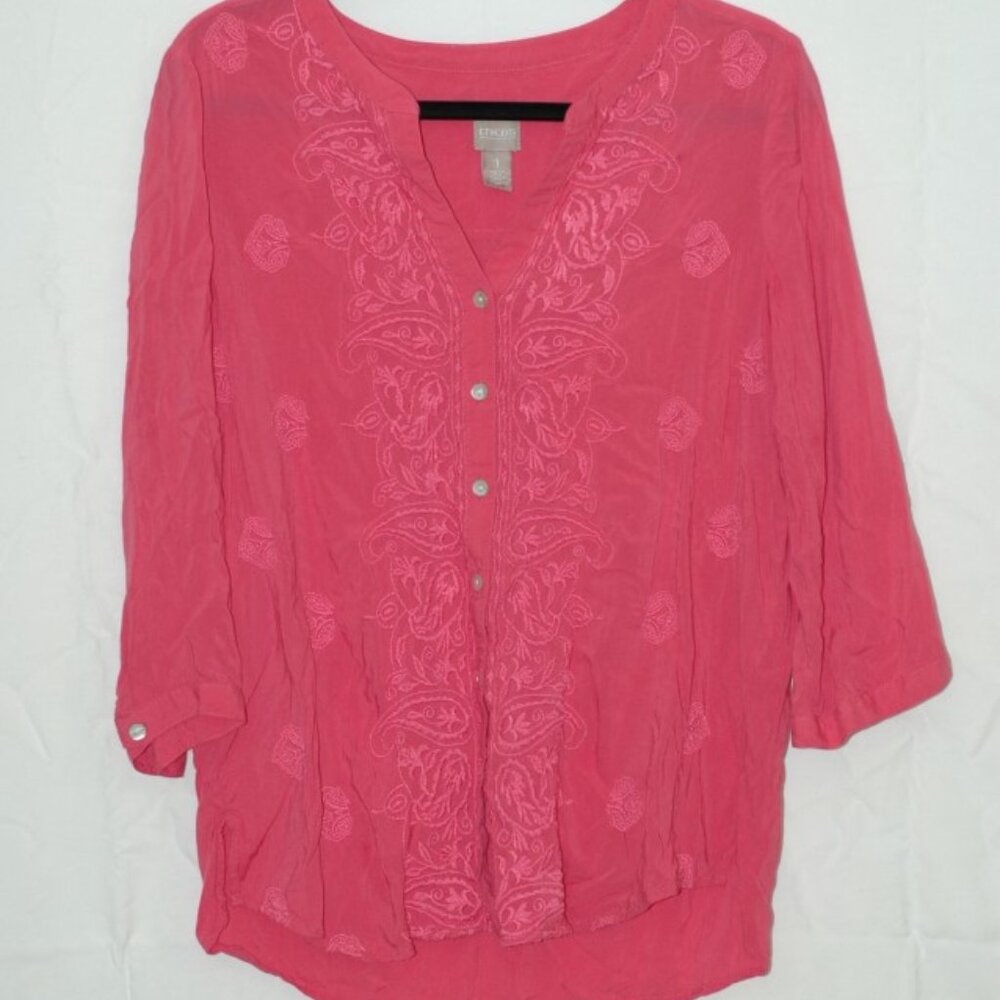 Chico’s Pink Embroidered Tunic Blouse | Boho Button Front Top | Size 1/Medium